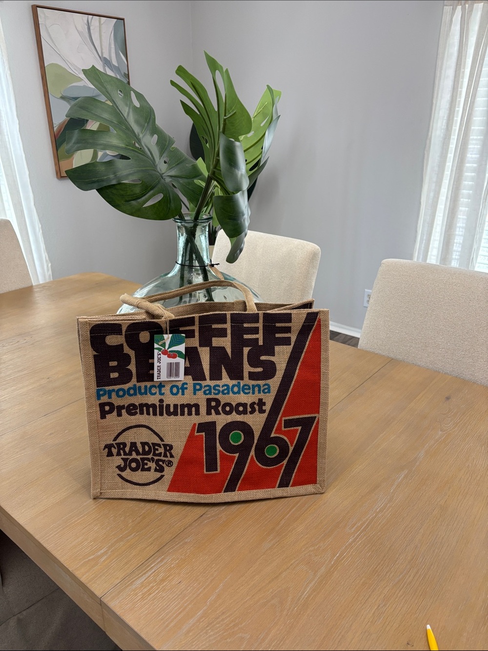 Trader Joe's Brown Jute Tote Bag - Premium Roast Coffee Design